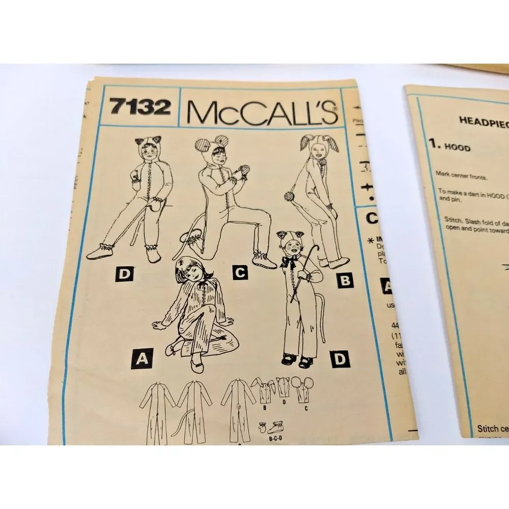 McCalls Sewing Pattern 7132 Kids Animal Costumes Sz 2 HALLOWEEN Cut Complete VTG